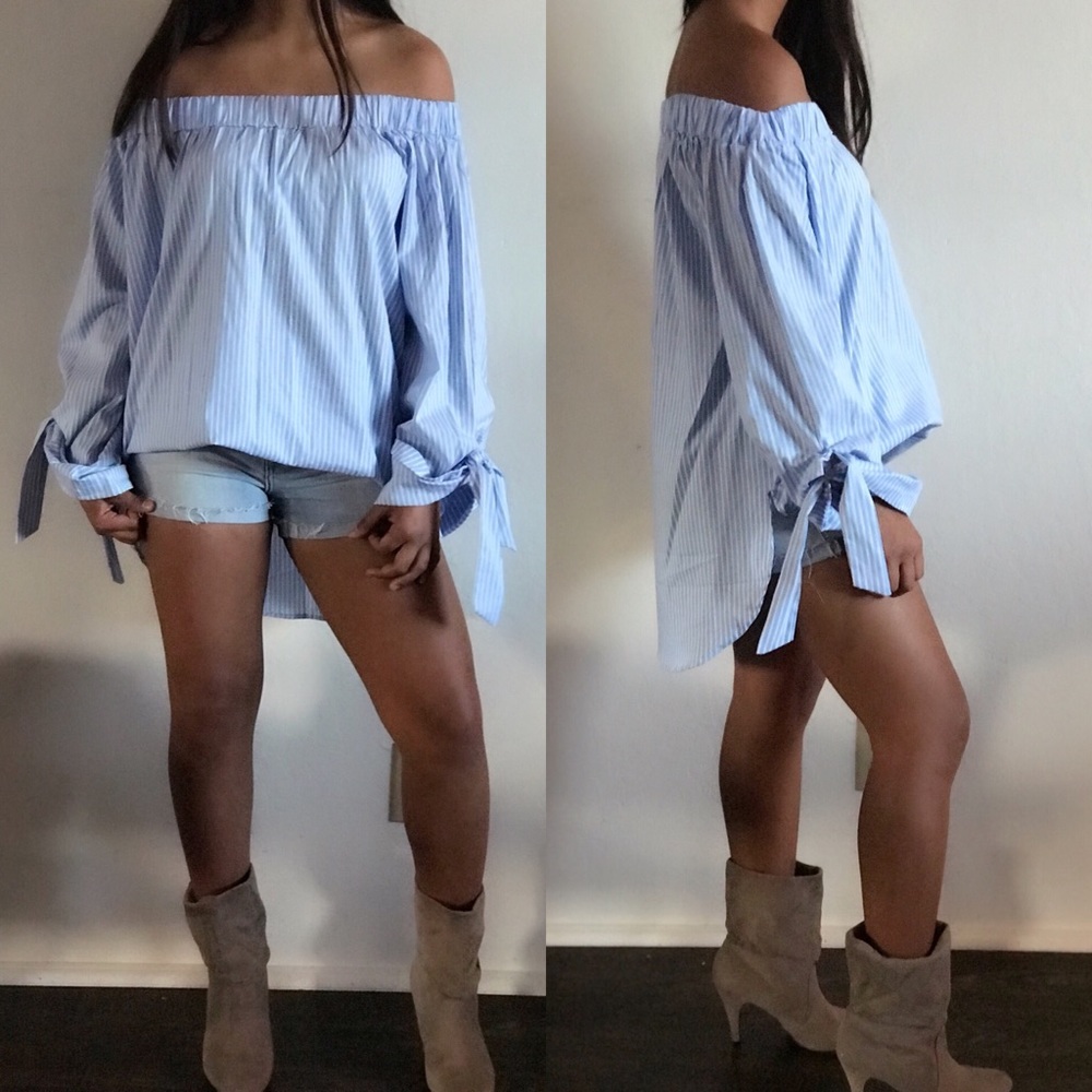 Brand New Pinstriped Off the Shoulder Poplin Top